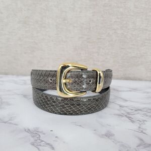 Vintage 80s Gray Genuine Snakeskin Leather Belt with Gold Tone Buckle